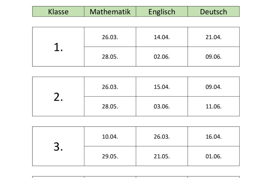 Schularbeiten – Terminplan 2. Semester